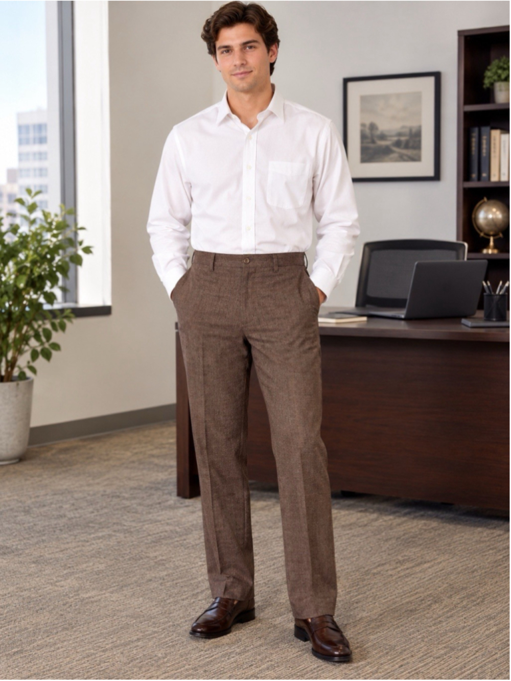 Haggar Men’s Dress Pants 38x30 Brown Wool Blend Trousers Front Pleat Office